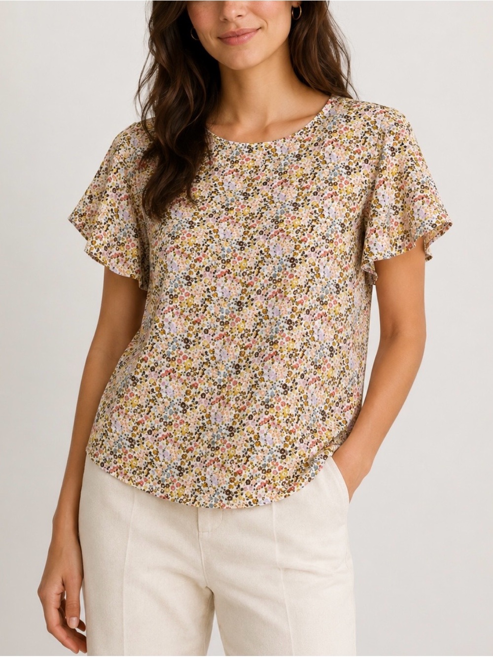 LOFT Floral Flutter Sleeve Crewneck Blouse - Pink Multi